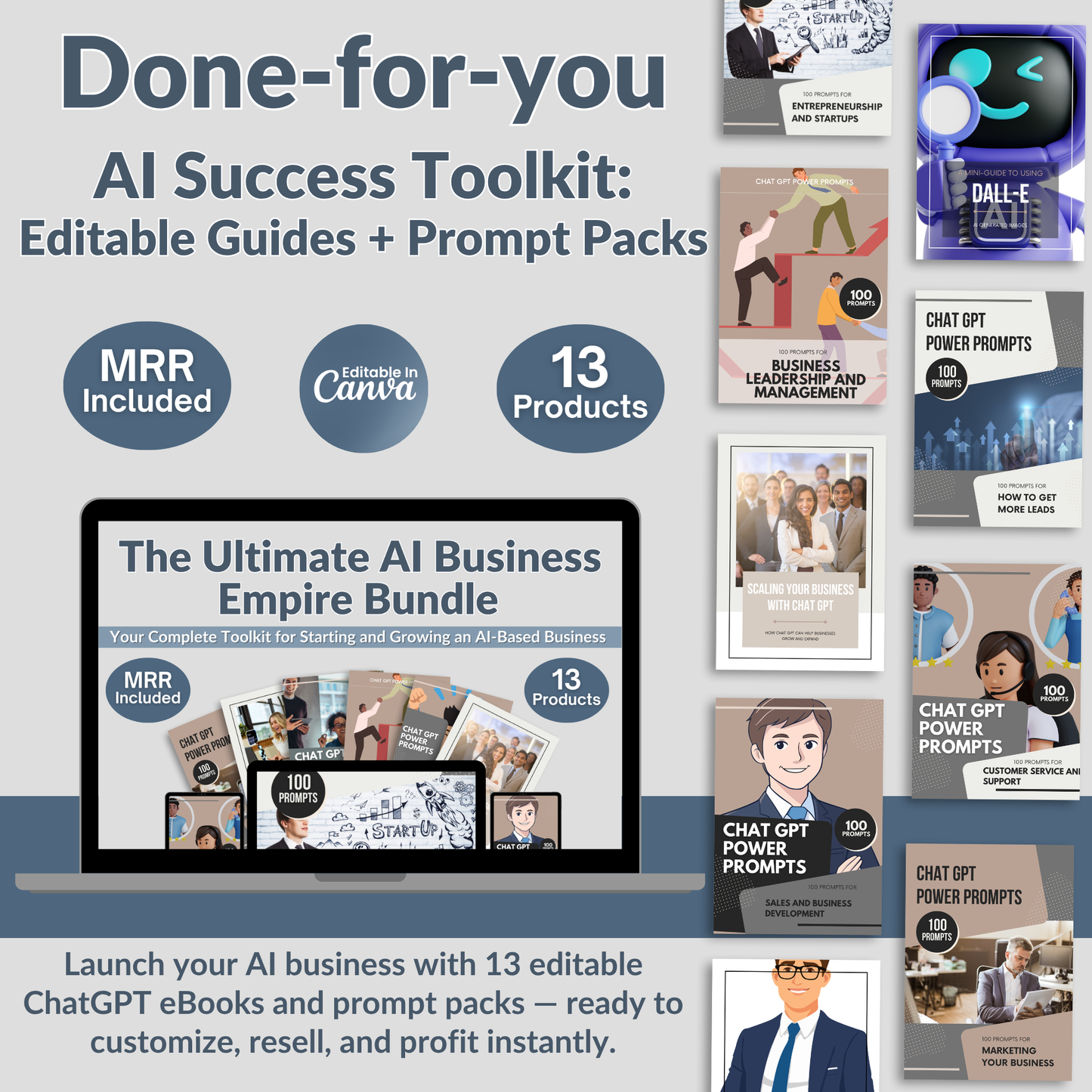 AI & ChatGPT Business Guides Bundle, 13 Editable ChatGPT eBooks And Prompt Packs With Master Resell Rights Done For You Digital Products